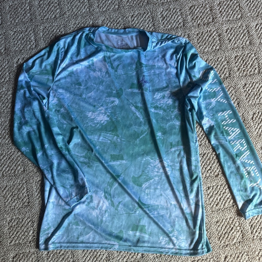 Mens Guy Harvey Fishing Sun Shirt Large Sword Fish Swim Top